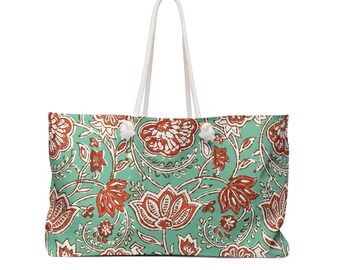 Sacola grande para fim de semana com alças de corda e design floral colorido