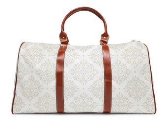Bolsa de viagem à prova d'água elegante padrão neutro marrom alças de couro sintético alça de ombro