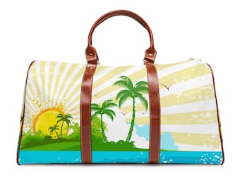 Bolsa de viagem à prova d'água tropical ensolarada praia design marrom alças de couro sintético alça de ombro