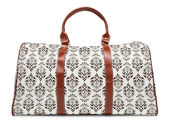 Bolsa de viagem à prova d'água com padrão gráfico elegante marrom alças de couro sintético alça de ombro