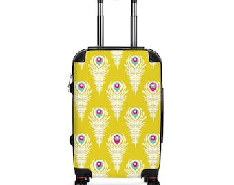 Maleta de fin de semana con ruedas giratorias y asa ajustable, versátil, colorida, con estampado de plumas de pavo real y estilo bohemio.
