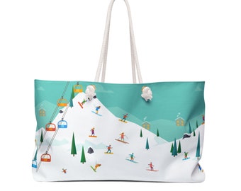 Oversized Weekender Tote Bag with Rope Handles Colorful Ski Lift and Snowboard Design