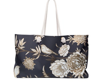 Sacola grande para fim de semana com alças de corda, preto, branco, marrom, floral, design de pássaro