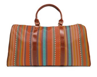 Waterproof Travel Bag Colorful Stripe Pattern Orange Turquoise Brown Faux Leather Handles Shoulder Strap Boho Vibes