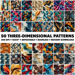 Puede incluir: Una colección de 50 patrones tridimensionales en varios estilos y colores. Los patrones incluyen formas geométricas, diseños abstractos y texturas fluidas. La imagen también incluye el texto "50 THREE-DIMENSIONAL PATTERNS".