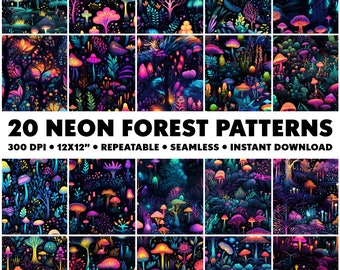 20 Neon Forest Patterns Mushroom Seamless Patterns Neon Repeatable Pattern Forest Endless Pattern Infinite Neon Forest Design Seamless