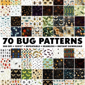 Könnte beinhalten: 70 digitale nahtlose Muster mit verschiedenen Käfern, Insekten und Spinnen. Die Muster sind in verschiedenen Farben gehalten, darunter Schwarz, Weiß, Rot, Grün, Gelb und Blau. Die Muster haben eine Auflösung von 300 DPI und sind 12x12 Zoll groß.