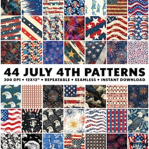 Puede incluir: Una colección de 44 patrones digitales con varios diseños relacionados con la festividad del 4 de julio. Los patrones incluyen banderas americanas, fuegos artificiales, águilas y otras imágenes patrióticas. Los patrones son de 300 DPI y 12x12 pulgadas, lo que los hace adecuados para una variedad de proyectos de manualidades.