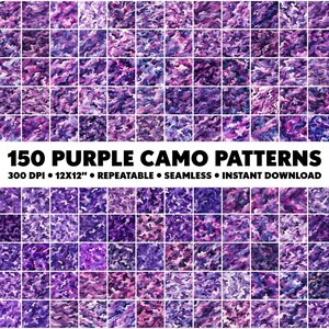 May include: 150 purple camo patterns, 300 DPI, 12x12 inches, repeatable, seamless, instant download. A collection of 150 digital paper designs featuring purple camouflage patterns.