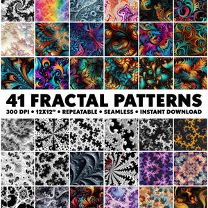 Può includere: 41 motivi digitali frattali in vari colori e design, tra cui bianco e nero, arcobaleno e oro. I motivi sono senza cuciture e possono essere ripetuti. 300 DPI, 12x12 pollici.