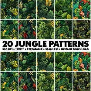 May include: 20 jungle patterns, 300 DPI, 12x12 inches, repeatable, seamless, instant download.  The patterns feature a variety of tropical leaves in shades of green, yellow, red, and orange.