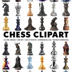 Könnte beinhalten: Ein Set mit 216 Schachfiguren-Clipart-Bildern im PNG-Format. Die Figuren sind in verschiedenen Stilen gehalten, darunter klassisch, Fantasy und modern. Die Bilder sind 1500 x 1500 Pixel groß und haben eine Auflösung von 300 DPI. Sie eignen sich perfekt für den Einsatz in digitalen Projekten wie Websites, sozialen Medien und Präsentationen.