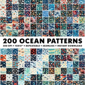 May include: A collection of 200 ocean-themed patterns featuring various sea creatures, including fish, whales, jellyfish, seahorses, and starfish. The patterns are in a variety of colors, including blue, green, orange, and yellow. The patterns are seamless and can be used for a variety of projects, such as fabric, wallpaper, and digital design.