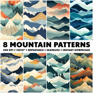 May include: Eight seamless digital mountain patterns in various colors, including blue, green, yellow, orange, and brown. The patterns are 300 DPI and 12x12 inches.