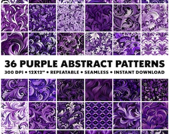 May include: 36 purple abstract patterns, 300 DPI, 12x12 inches, repeatable, seamless, instant download.  The patterns feature a variety of intricate designs with swirls, leaves, and floral motifs.