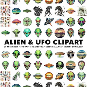 May include: A set of 70 colorful digital clipart images featuring aliens, UFOs, and space-themed illustrations. The images are perfect for creating digital designs, crafts, and projects.
