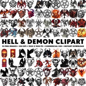 May include: A collection of 93 digital clipart images featuring various depictions of demons, devils, and pentagrams. The images are in black and white and color, and are perfect for adding a touch of the macabre to your projects.