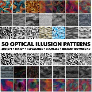 May include: 50 optical illusion patterns, 300 DPI, 12x12 inches, repeatable, seamless, instant download. The patterns are a mix of black and white, and colorful geometric designs.