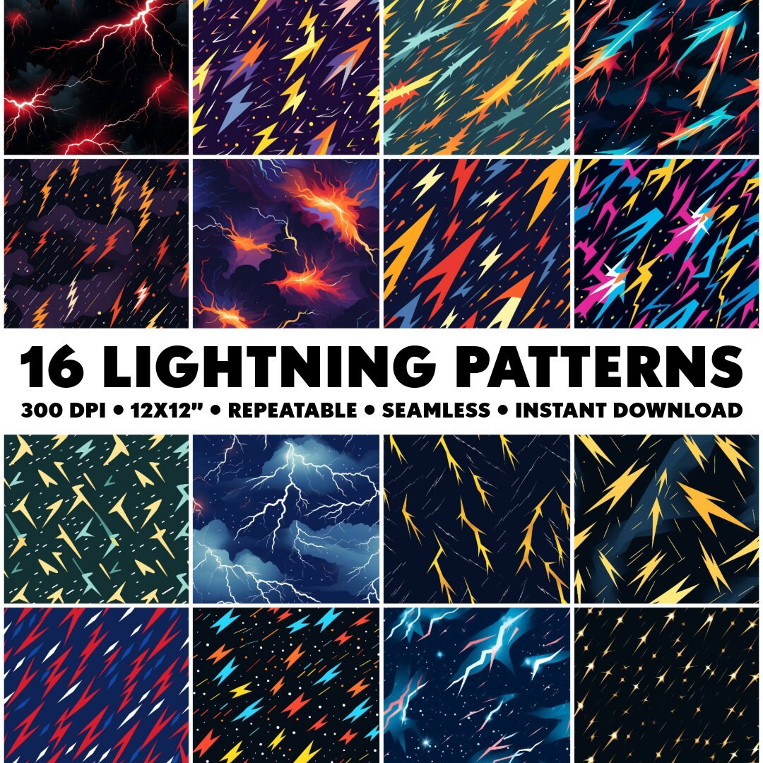 16 Lightning Patterns Bolt Seamless Patterns Thunder Repeatable Pattern ...