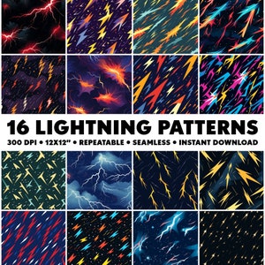 Puede incluir: 16 patrones digitales de rayos en varios estilos. Los patrones presentan diferentes colores, incluidos rojo, azul, amarillo y negro. Los patrones son sin costuras y se pueden repetir. 300 DPI, 12x12 pulgadas.