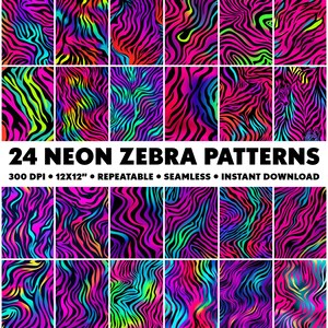 Puede incluir: 24 patrones digitales con rayas de cebra de neón en varias combinaciones de colores. Los patrones son sin costuras y se pueden repetir para usar en proyectos de diseño.