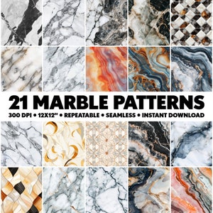 May include: 21 digital marble patterns, 300 DPI, 12x12 inches, seamless and repeatable.  The patterns feature a variety of colors and styles, including black, white, gray, brown, red, blue, and gold.