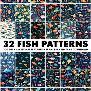 May include: 32 digital seamless patterns featuring colorful fish, coral, and seaweed on a dark blue background. The patterns are 12x12 inches and 300 DPI.