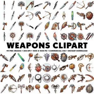 May include: A collection of 99 hand-drawn weapon icons in various styles, including swords, axes, bows and arrows, and shields. The icons are in a cartoon style and are perfect for use in game design, web design, or other creative projects.