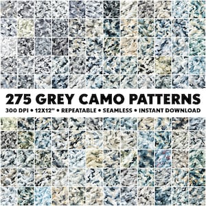 May include: 275 grey camouflage patterns, 300 DPI, 12x12 inches, repeatable, seamless, instant download. A collection of digital paper patterns featuring various shades of grey camouflage.