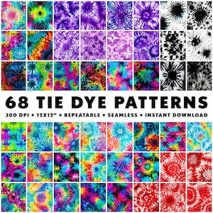 May include: 68 colorful tie dye patterns in a grid. Each pattern is 12x12 inches and 300 DPI. The patterns are seamless and repeatable. Instant download.
