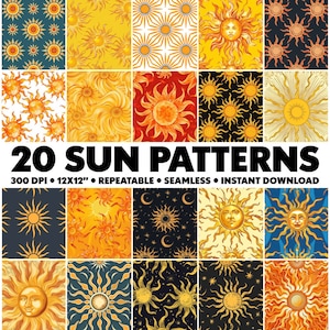 Peut inclure: 20 motifs solaires numériques dans différents styles, y compris un soleil avec un visage, un soleil avec des rayons et un soleil avec un croissant de lune. Les motifs sont sans couture et peuvent être utilisés pour des motifs répétitifs. 300 DPI, 12x12 pouces, téléchargement instantané.