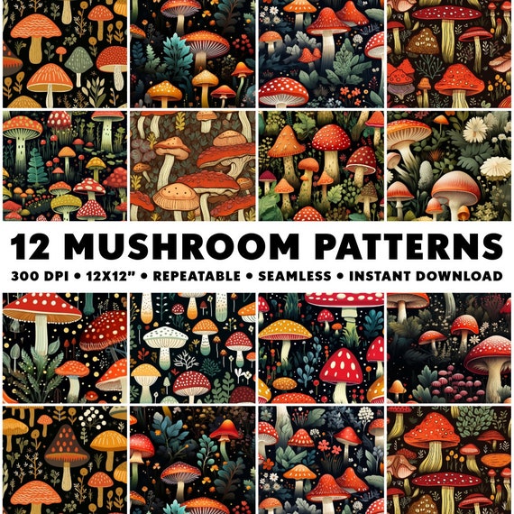 12 Mushroom Patterns Seamless Shroom Patterns Red Repeatable