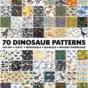 Könnte beinhalten: 70 digitale Dinosauriermuster in verschiedenen Stilen und Farben. Die Muster sind nahtlos und wiederholbar, perfekt für Bastel- und Designprojekte. 300 DPI, 12x12 Zoll.