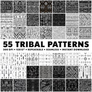 Può includere: Un set di 55 motivi tribali in bianco e nero. I motivi sono senza cuciture e ripetibili. I motivi misurano 30,48 cm per 30,48 cm e 300 DPI. Il testo "55 Tribal Patterns" è nella parte superiore dell'immagine. Il testo "300 DPI • 12X12" • REPEATABLE • SEAMLESS • INSTANT DOWNLOAD" è sotto il titolo.