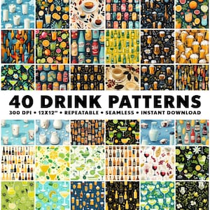 May include: A set of 40 digital seamless patterns featuring various drinks, including cocktails, beer, wine, and soda. The patterns are 12x12 inches and 300 DPI, making them perfect for printing or digital projects.