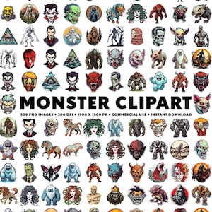 Puede incluir: Una colección de 309 ilustraciones de monstruos coloridos en formato de cuadrícula. Los monstruos se representan en varias poses y expresiones, incluyendo amigables, aterradoras y tontas. Las ilustraciones son de estilo de dibujos animados y son perfectas para usar en proyectos digitales o impresos.