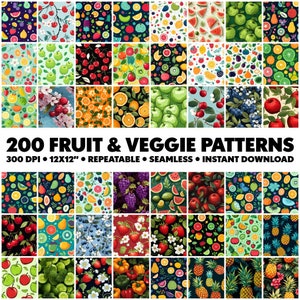 Op de afbeelding: Een verzameling van 200 fruit- en groentepatronen in verschillende ontwerpen. De patronen bevatten illustraties van appels, kersen, sinaasappels, aardbeien en ander fruit en groenten. De tekst op de afbeelding luidt "200 FRUIT & VEGGIE PATTERNS".