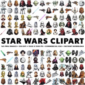 Könnte beinhalten: Eine Sammlung von 165 Star Wars-Charakter-Clipart-Bildern. Die Bilder sind im PNG-Format, 300 DPI und 1500 x 1500 Pixel. Das Clipart enthält Charaktere wie Darth Vader, Yoda, Chewbacca, R2-D2, C-3PO und Stormtrooper.