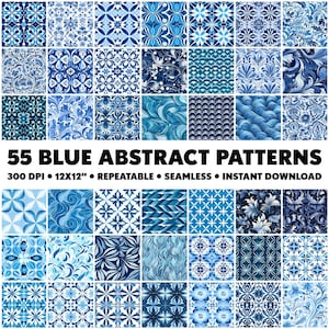 May include: A collection of 55 blue abstract patterns in various shades of blue and white. The patterns include floral, geometric, and wave designs. The text "55 BLUE ABSTRACT PATTERNS" is displayed in large, bold letters.