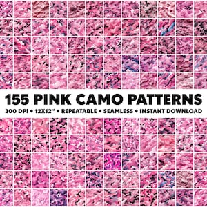 Könnte beinhalten: Eine Sammlung von 155 pinkfarbenen Tarnmustern, jedes mit einer Größe von 30,5 x 30,5 cm. Die Muster haben eine Auflösung von 300 DPI und sind wiederholbar und nahtlos. Der Text "155 PINK CAMO PATTERNS" ist in schwarzer Schrift auf weißem Hintergrund dargestellt. Der Text "300 DPI • 12X12" • REPEATABLE • SEAMLESS • INSTANT DOWNLOAD" ist in schwarzer Schrift auf weißem Hintergrund dargestellt.