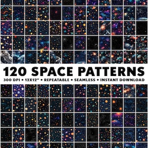 Puede incluir: 120 patrones de temática espacial con planetas coloridos, estrellas y nebulosas sobre un fondo azul oscuro. Los patrones son sin costuras y se pueden repetir para usar en varios proyectos.