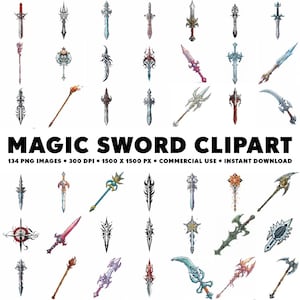 May include: A collection of 134 digital clipart images of fantasy swords in various styles and colors. The swords are drawn in a cartoon style and are perfect for use in digital projects.
