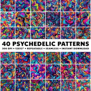 Peut inclure: 40 motifs psychédéliques dans une variété de couleurs et de motifs. Les motifs sont sans couture et peuvent être répétés. Les motifs sont de 300 DPI et de 12x12 pouces.