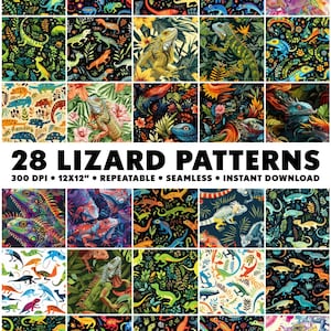 May include: 28 digital seamless patterns featuring colorful lizards on a variety of backgrounds. The patterns are 12x12 inches and 300 DPI.