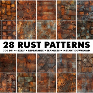 May include: 28 digital rust patterns, each 12x12 inches, 300 DPI, seamless and repeatable.  These rusty metal textures are perfect for digital scrapbooking, graphic design, and other creative projects.
