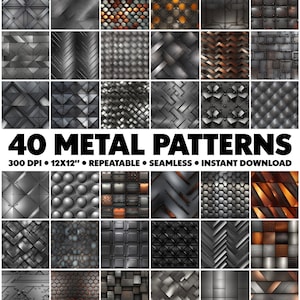 Könnte beinhalten: 40 nahtlose Metallmuster in verschiedenen Stilen, darunter geometrisch, strukturiert und industriell. Jedes Muster ist 12x12 Zoll groß und hat 300 DPI, perfekt für digitale Designprojekte.