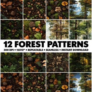 May include: Twelve digital forest patterns, each 12x12 inches, with a resolution of 300 DPI. The patterns feature various forest scenes, including mushrooms, leaves, trees, and a lake. The patterns are seamless and repeatable, making them ideal for use in digital design projects.
