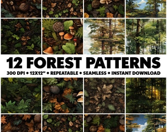 12 Forest Patterns Seamless Leaves Patterns Repeatable Mushroom Pattern Endless Pattern Leaf Infinite Design Woods Seamless Woods Pattern