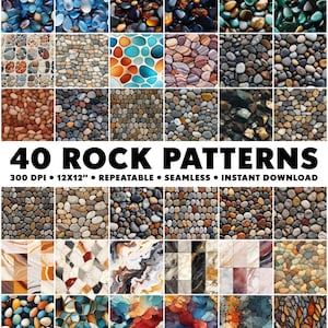 May include: 40 different seamless rock patterns, each 12x12 inches, 300 DPI. The patterns feature various colors and textures of rocks, including brown, gray, white, and black.