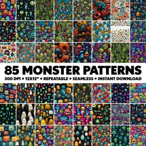 Puede incluir: 85 patrones de monstruos de dibujos animados coloridos. Cada patrón es sin costuras y se puede repetir. Los patrones son de 300 DPI y 12x12 pulgadas.